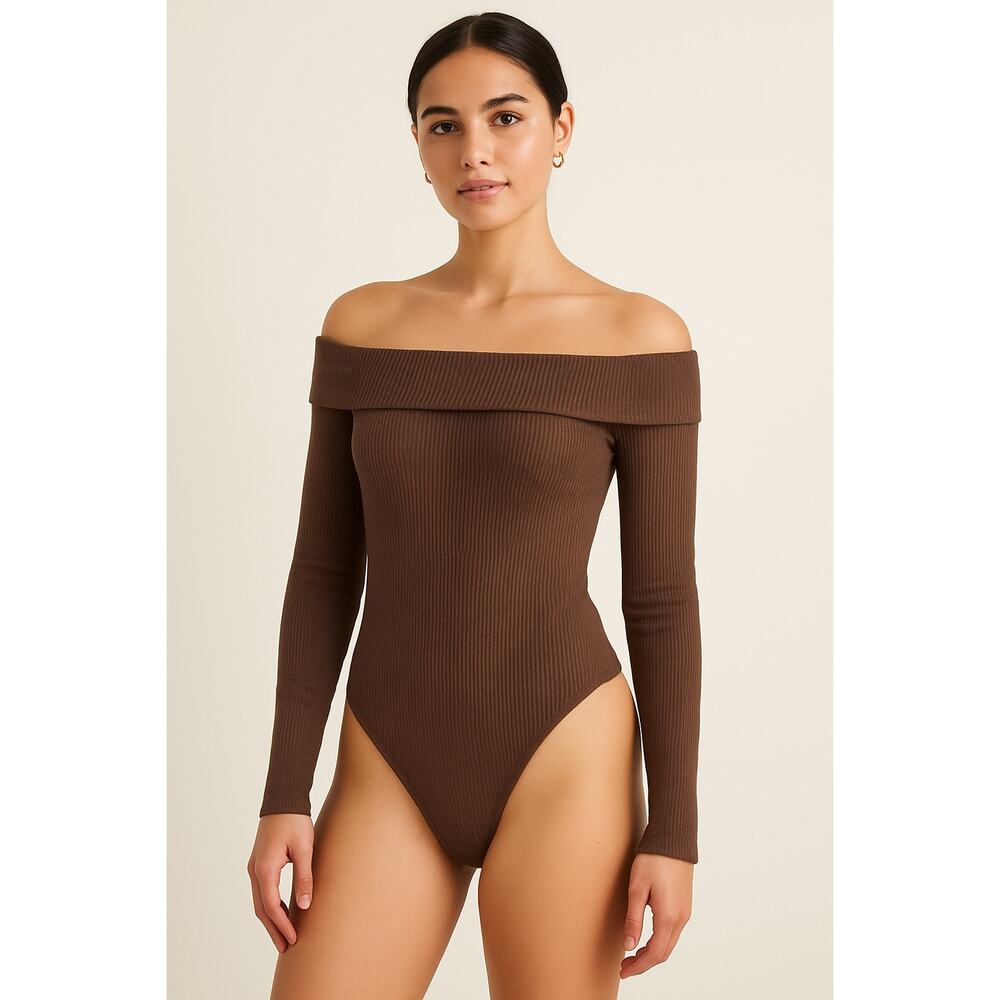 Aerie Off Shoulder Ribbed Long Sleeve Bodysuit Brown Size Small
